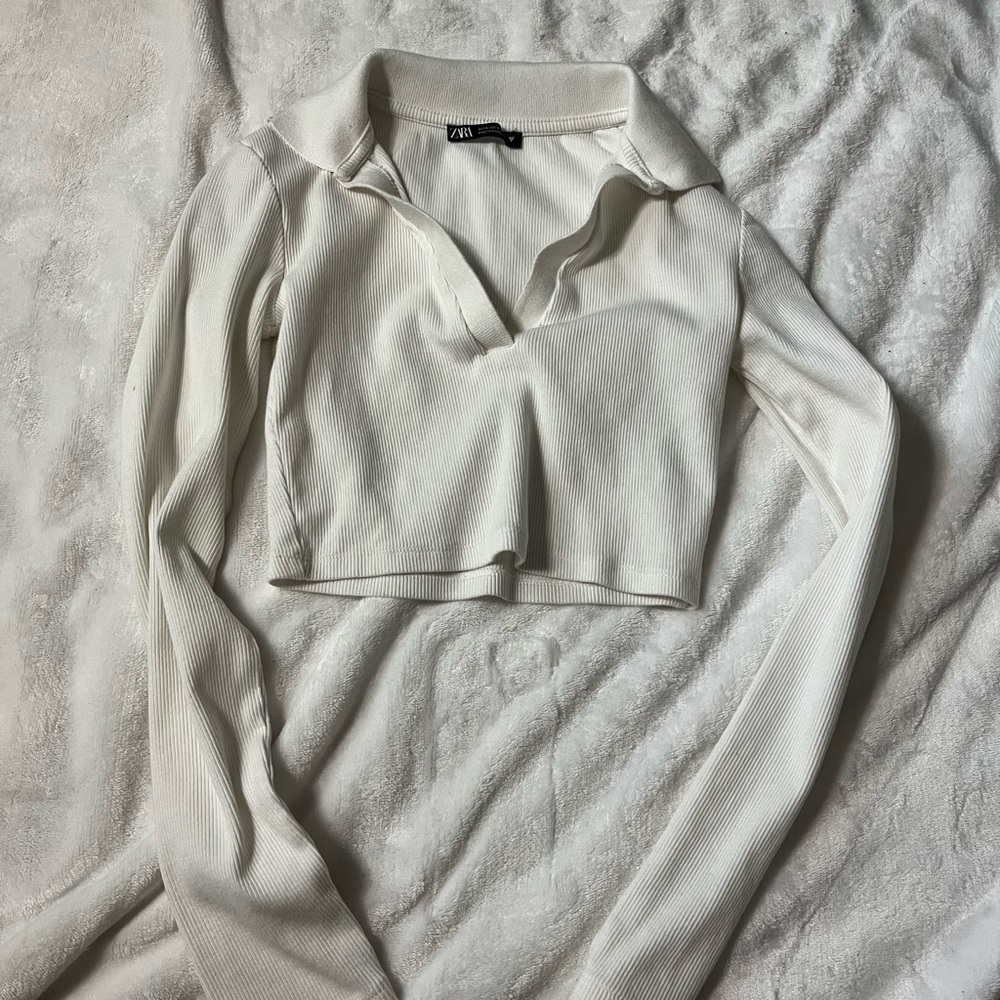 Zara Women's Cream Ribbed Long Sleeve Top